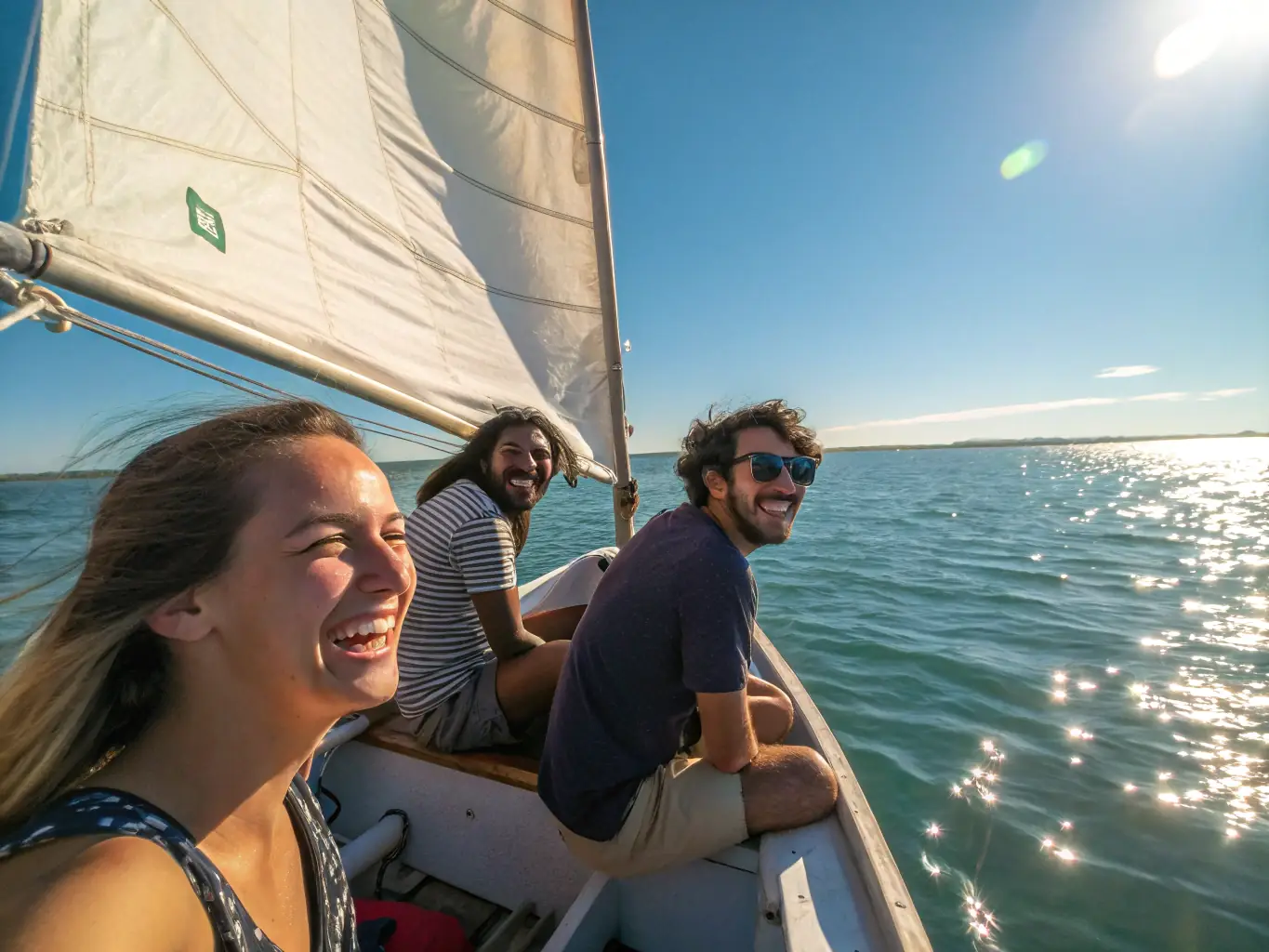 A serene image of a group of people enjoying a leisurely sailing excursion at sunset, emphasizing the recreational and social aspects of sailing.
