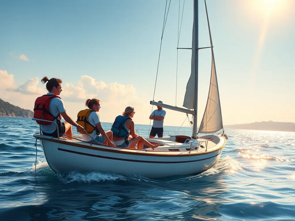 A dynamic image showcasing a group of individuals participating in a beginner's sailing course on a sunny day, with an instructor providing guidance.