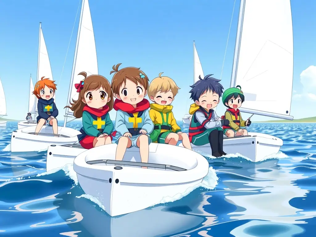 A vibrant image of children learning to sail in Optimist dinghies, with instructors nearby, showcasing the introductory sailing program for young enthusiasts at CLUB NAUTIQUE SAINT AMANDOIS - BASE DE VIRLAY.