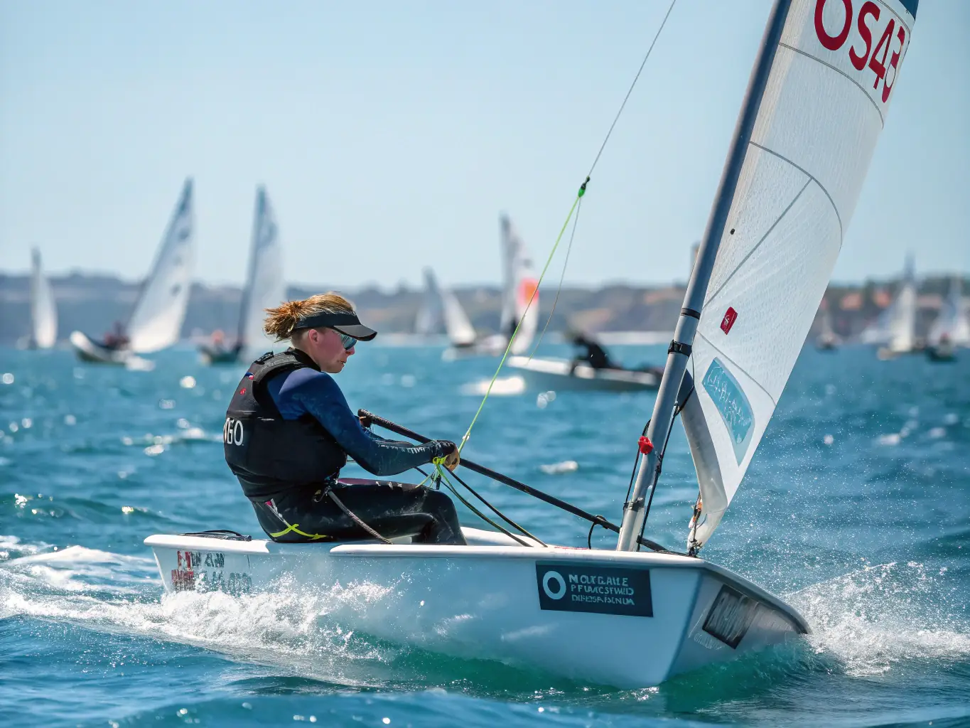 Sailboats racing competitively on a windy day, with colorful spinnakers and determined sailors, capturing the excitement and challenge of competitive sailing events.