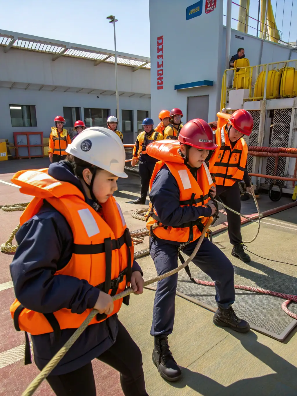 A photo of a safety drill being conducted on the water, with instructors demonstrating rescue techniques and participants practicing emergency procedures.