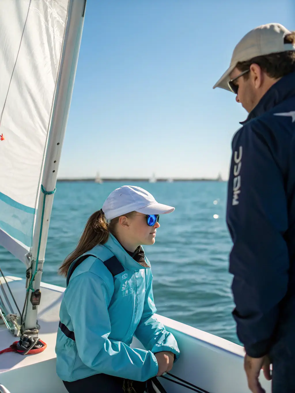 A certified sailing instructor at CLUB NAUTIQUE SAINT AMANDOIS - BASE DE VIRLAY providing hands-on training to a small group of students on a calm lake, focusing on practical skills.