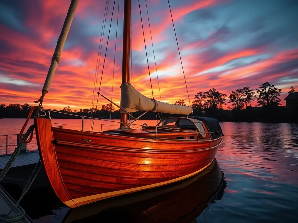 An image of a sailboat gliding across the water at sunset on the lake at BASE NAUTIQUE DE VIRLAY, emphasizing the beauty and tranquility of sailing.