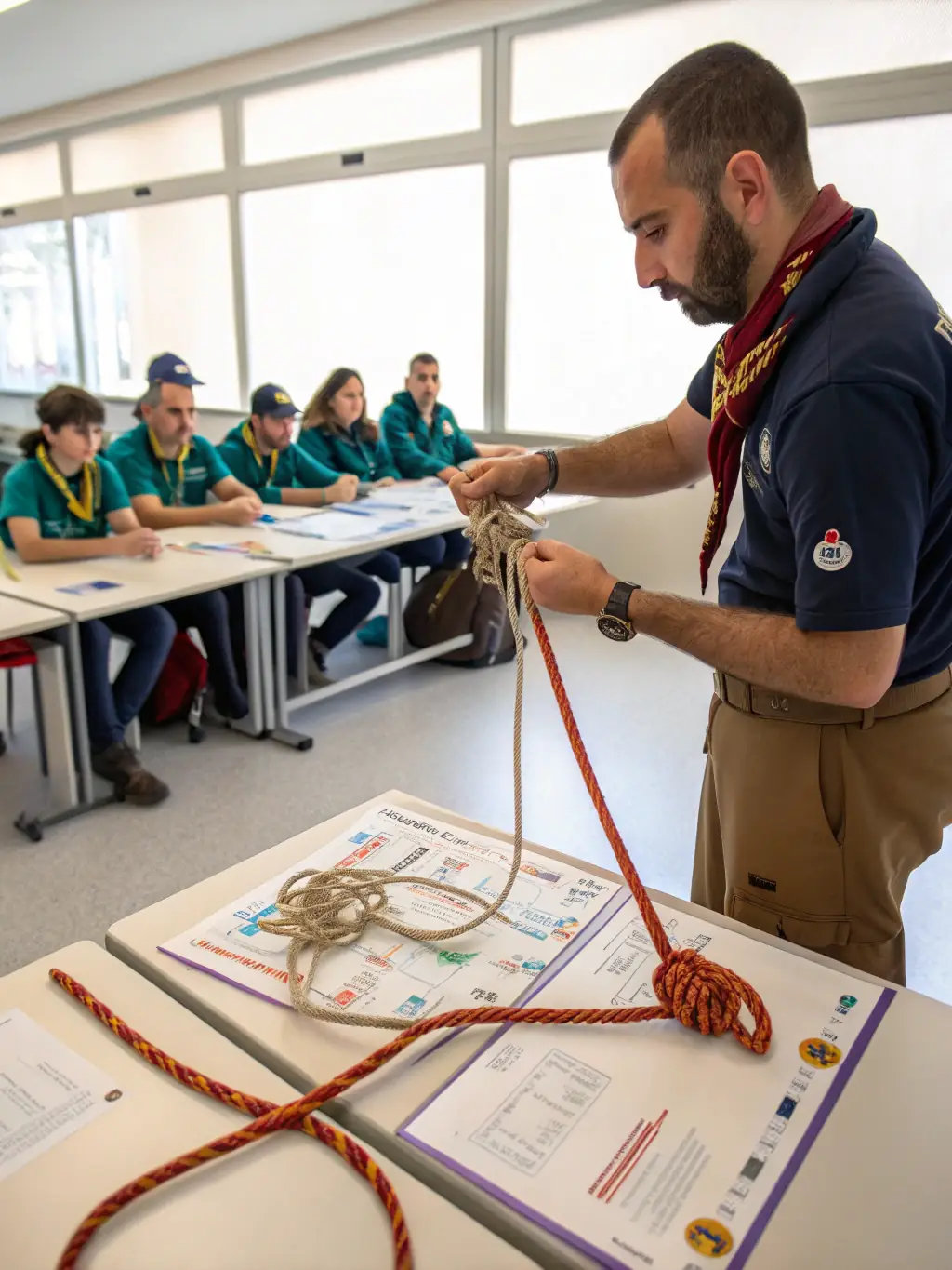 A clear, sunny day with an instructor demonstrating proper knot-tying techniques to a small group of attentive students on the deck of a boat.