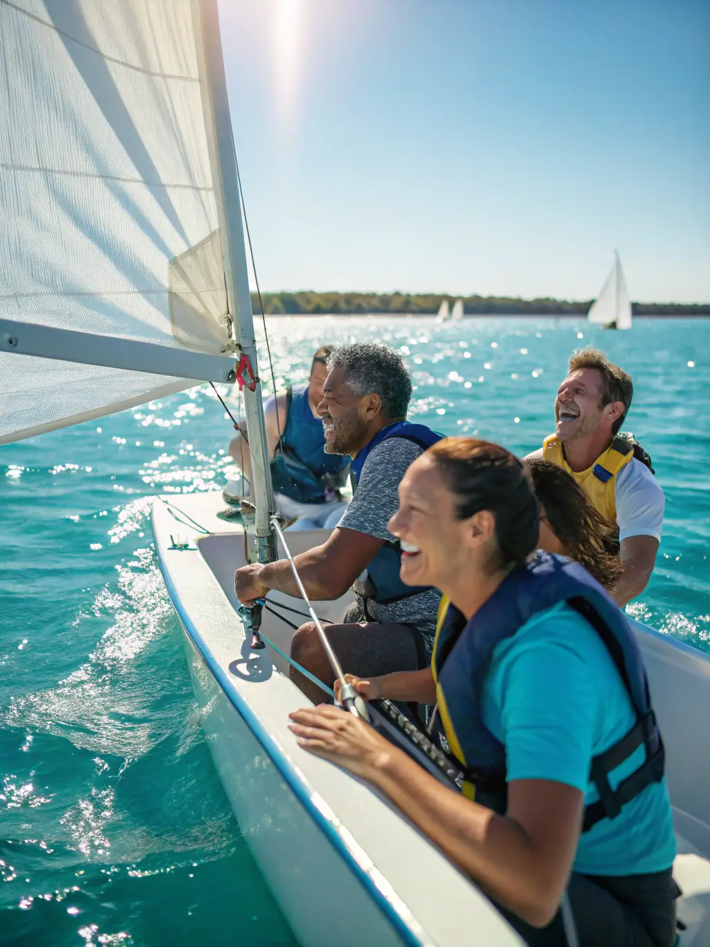 A group of diverse individuals laughing and working together to raise the sail on a small sailboat, showcasing teamwork and camaraderie.