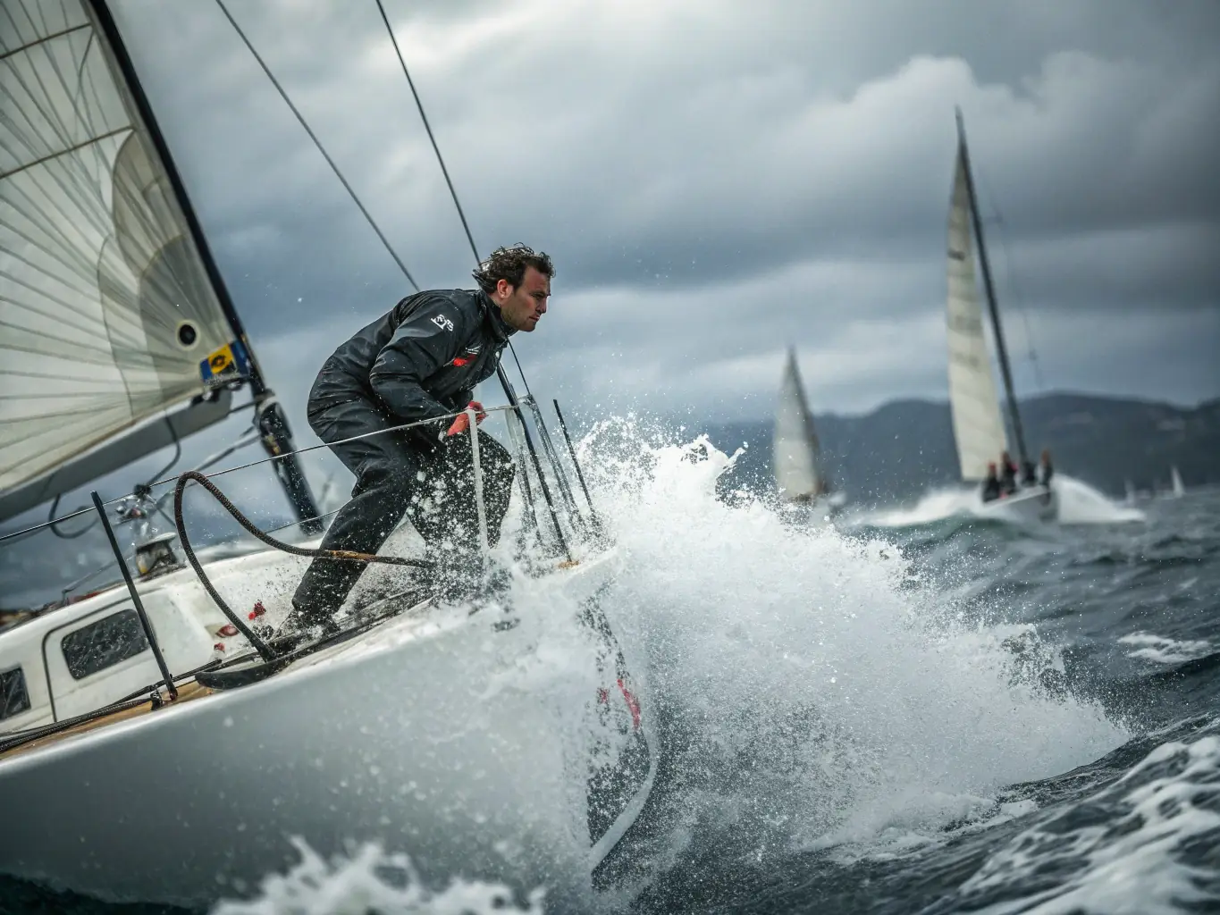 An inspiring image of experienced sailors participating in a competitive regatta, demonstrating advanced sailing techniques and teamwork.
