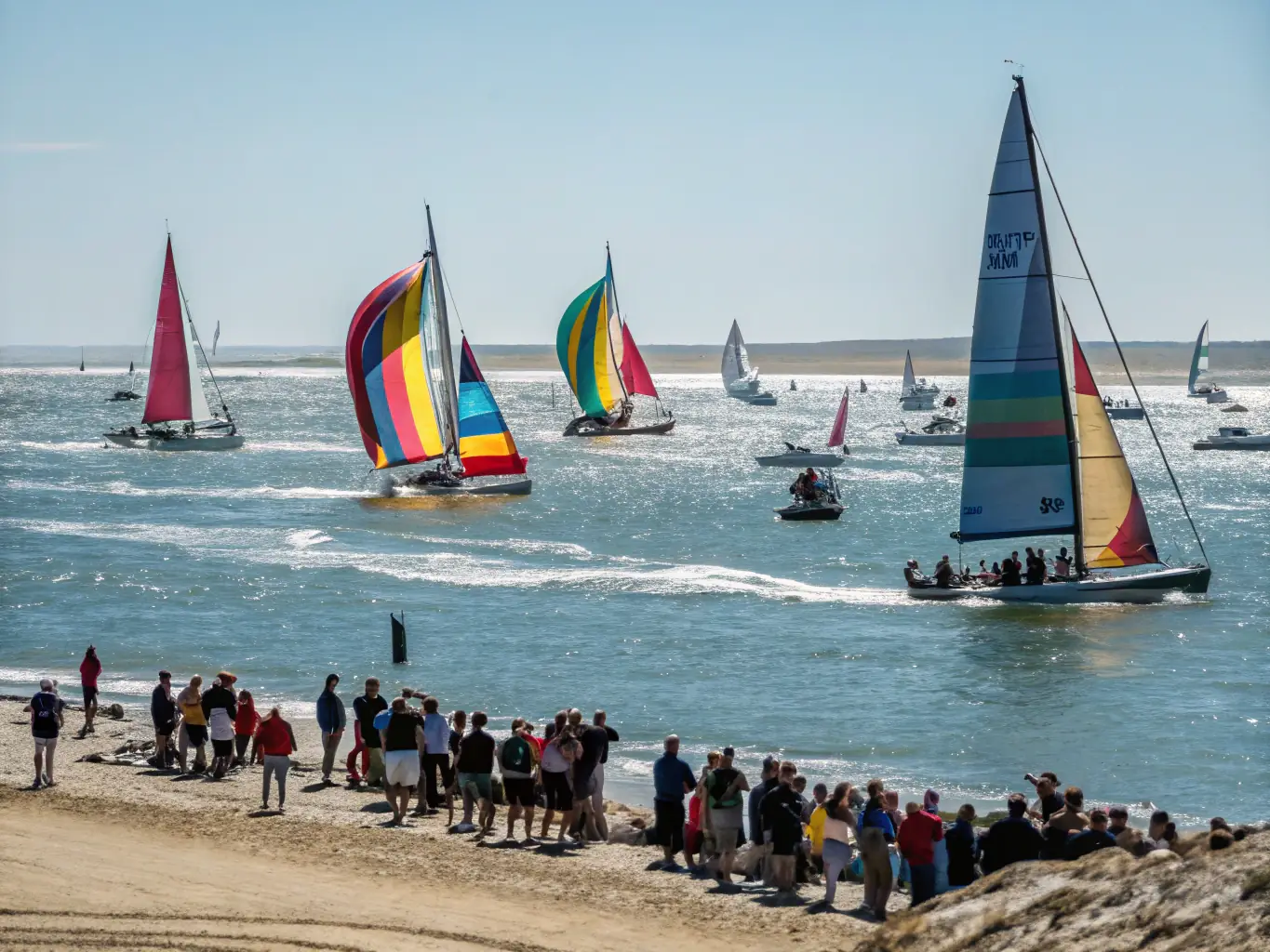 An action shot of experienced sailors participating in a competitive regatta, highlighting the advanced sailing and racing opportunities available at CLUB NAUTIQUE SAINT AMANDOIS - BASE DE VIRLAY.